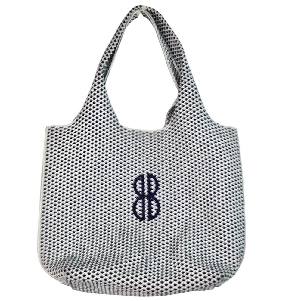 Navy Blue White Knit Geometric Diamond Pattern Tote Bag with Embroidered Logo